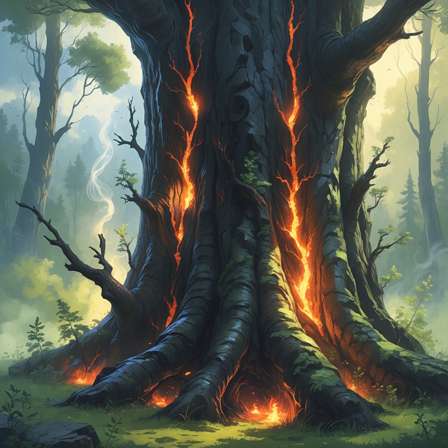 A rare charred tree trunk with deep blackened bark and glowing embers