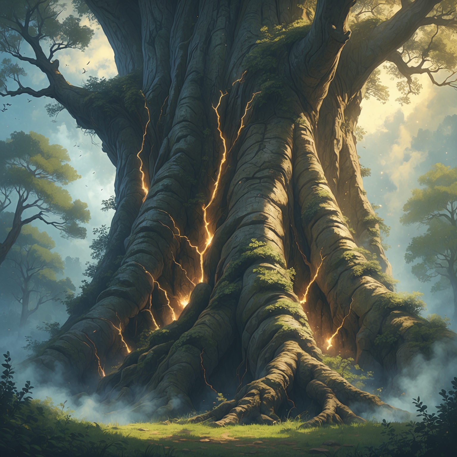 An ancient colossal tree trunk filling the scene, glowing runes, mist and moonlight