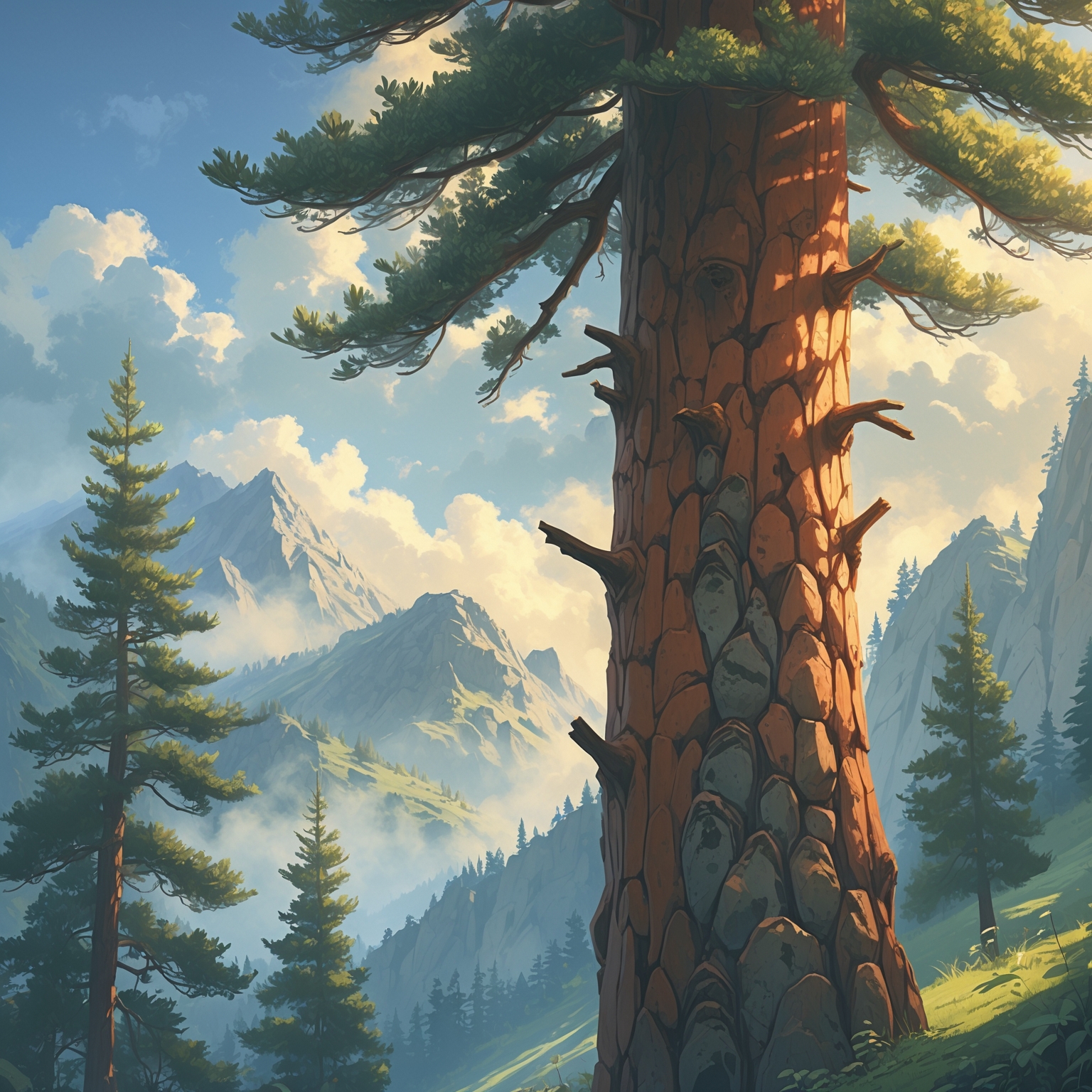 A tall pine tree trunk in closeup, rising skyward, light in the needles