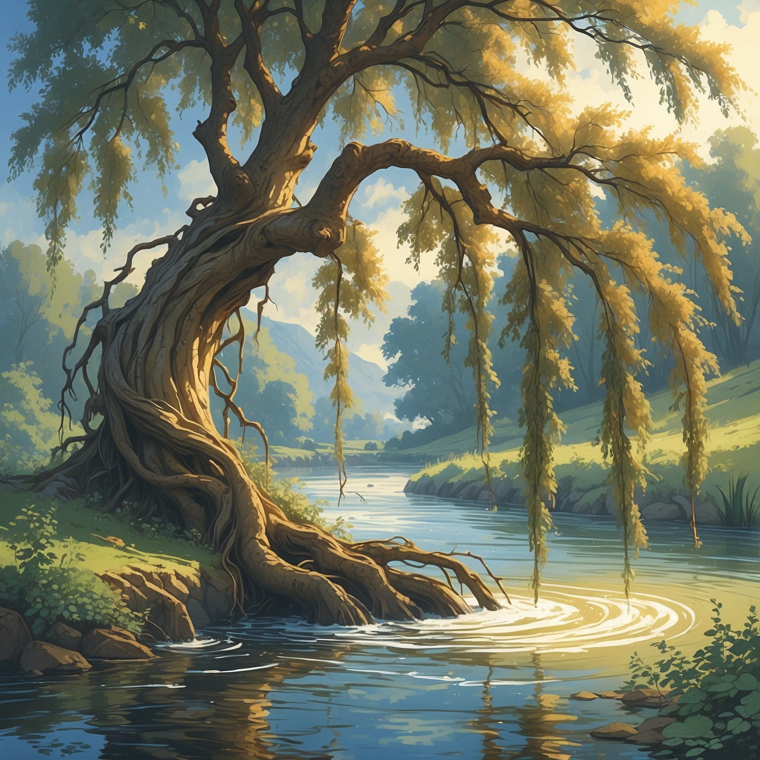 A graceful willow tree trunk at the edge of water, silver-green leaves cascading